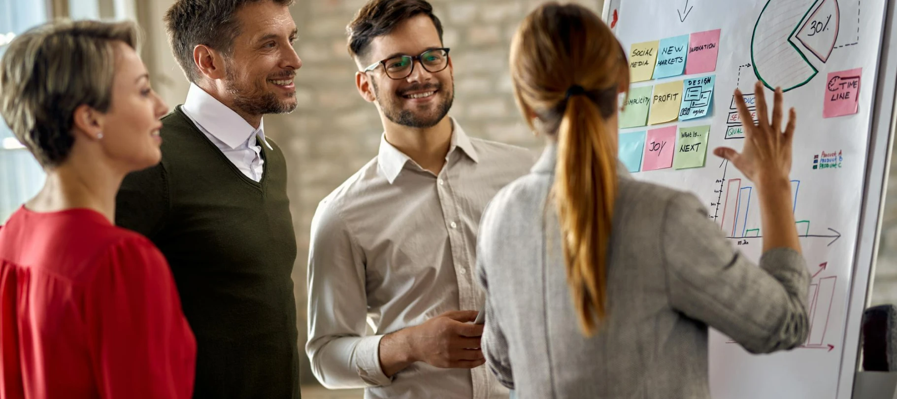 Equipo creativo sonriendo mientras planifican una estrategia frente a una pizarra con post-its.