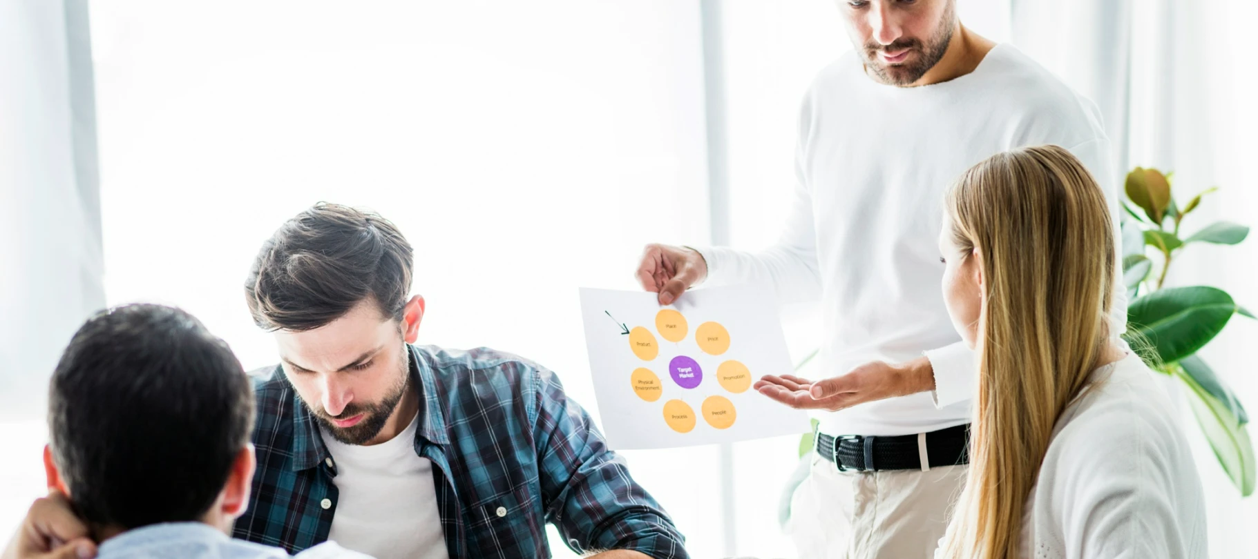 Hombre mostrando un diagrama de "Target Market" a sus compañeros durante una sesión de trabajo.